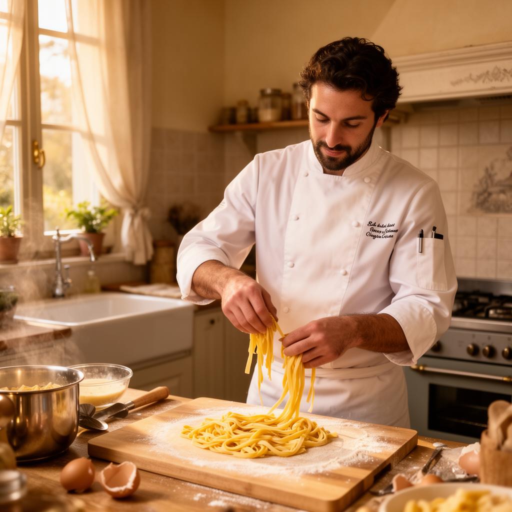 Chef Alberto mentre cucina pasta fresca
